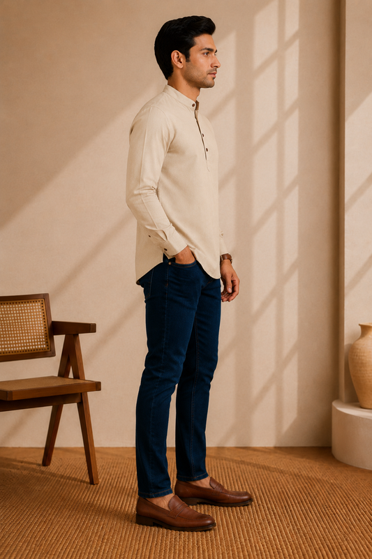 A man in a blush beige long-sleeve shirt and dark blue trousers stands in profile in a warm, sunlit room with a wooden chair and textured rug.