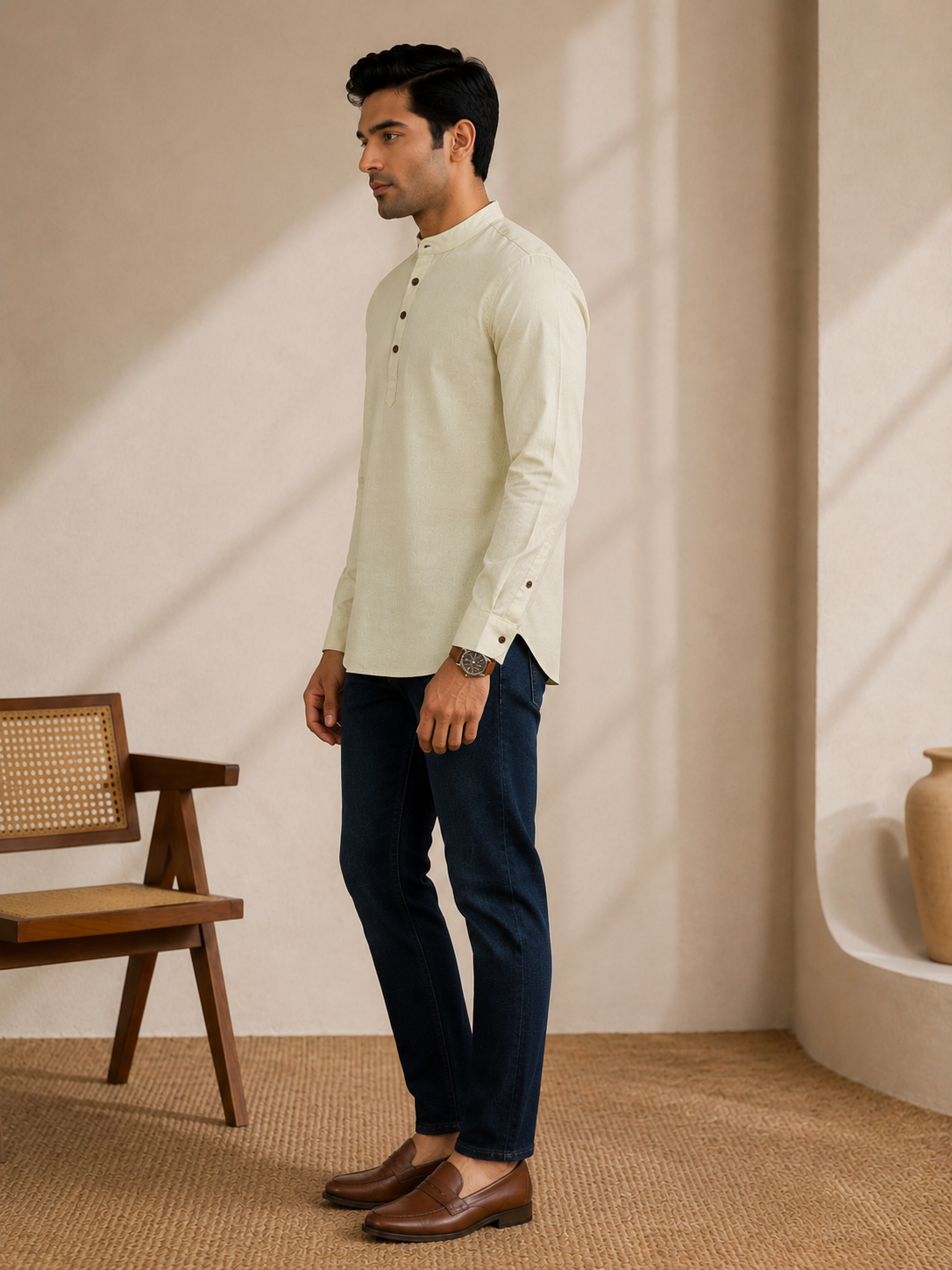 A man wearing a pale lime long-sleeve mandarin collar kurta, dark navy trousers, and brown leather loafers, standing in a minimalist beige room with a wooden chair and warm natural light.