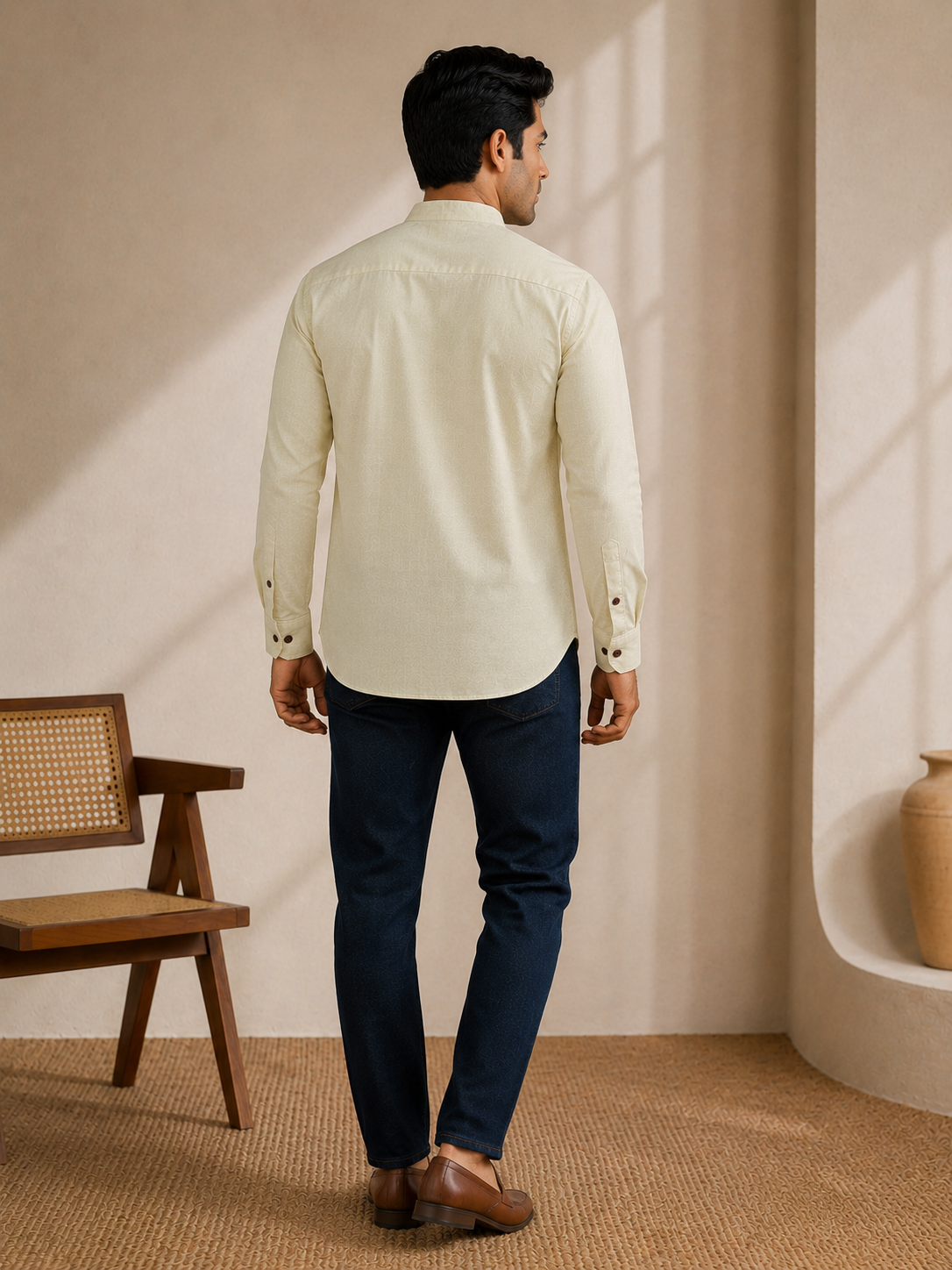 A man viewed from behind wearing a pale lime long-sleeve button-down shirt, dark navy trousers, and brown leather shoes in a warm, minimalist interior setting.