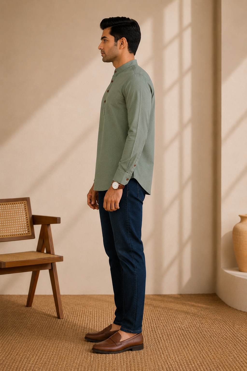 A man in profile wearing an olive green long-sleeve kurta, navy blue trousers, and brown leather loafers, standing in a warm, sunlit room with a wooden chair and textured wall.