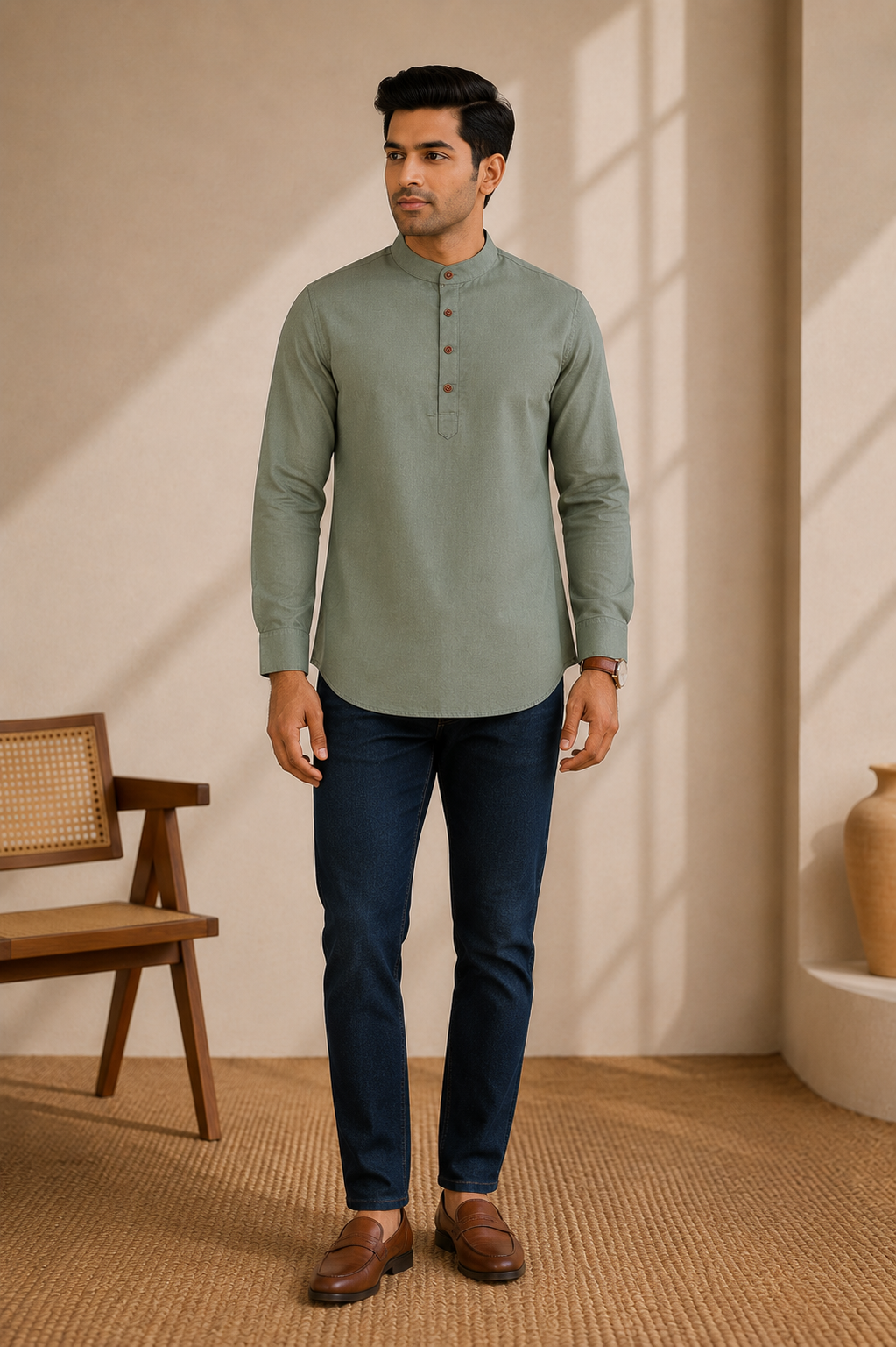 A man wearing an olive green long-sleeve kurta with a mandarin collar and dark navy blue jeans, standing in a warm, modern interior setting with a wooden chair and textured floor.
