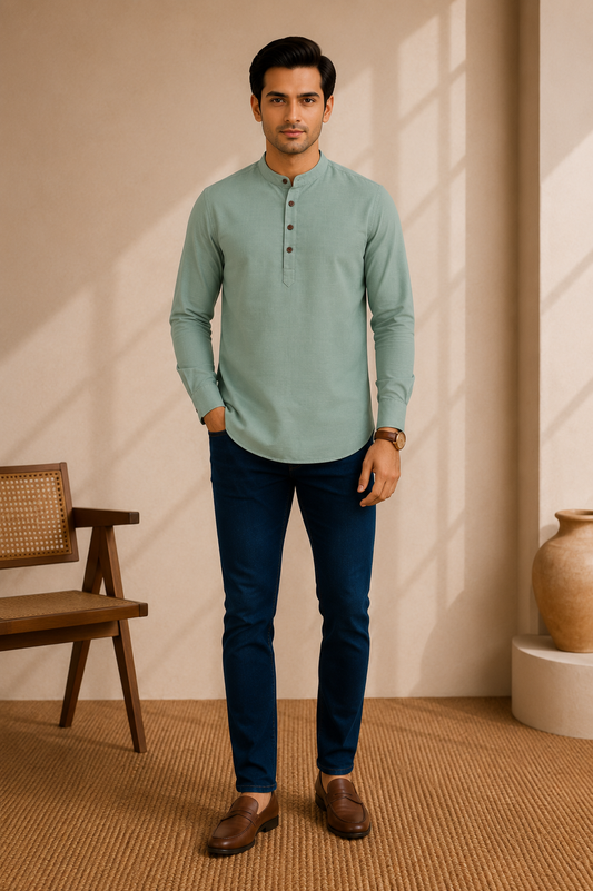 Mint Green Premium Fine Cotton Short Kurta