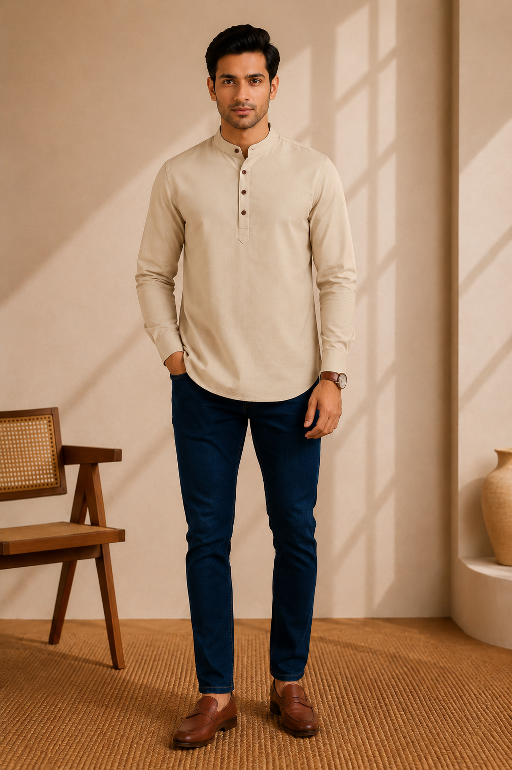 A man wearing a blush beige long-sleeve mandarin collar shirt, dark navy pants, and brown leather loafers, standing in a warm-toned room with a wooden chair and window shadows.