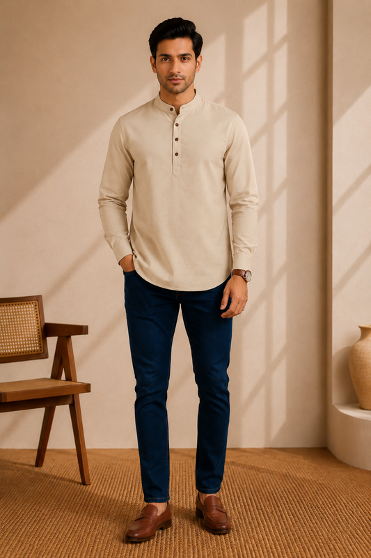 A man wearing a blush beige long-sleeve mandarin collar shirt, dark navy pants, and brown leather loafers, standing in a warm-toned room with a wooden chair and window shadows.