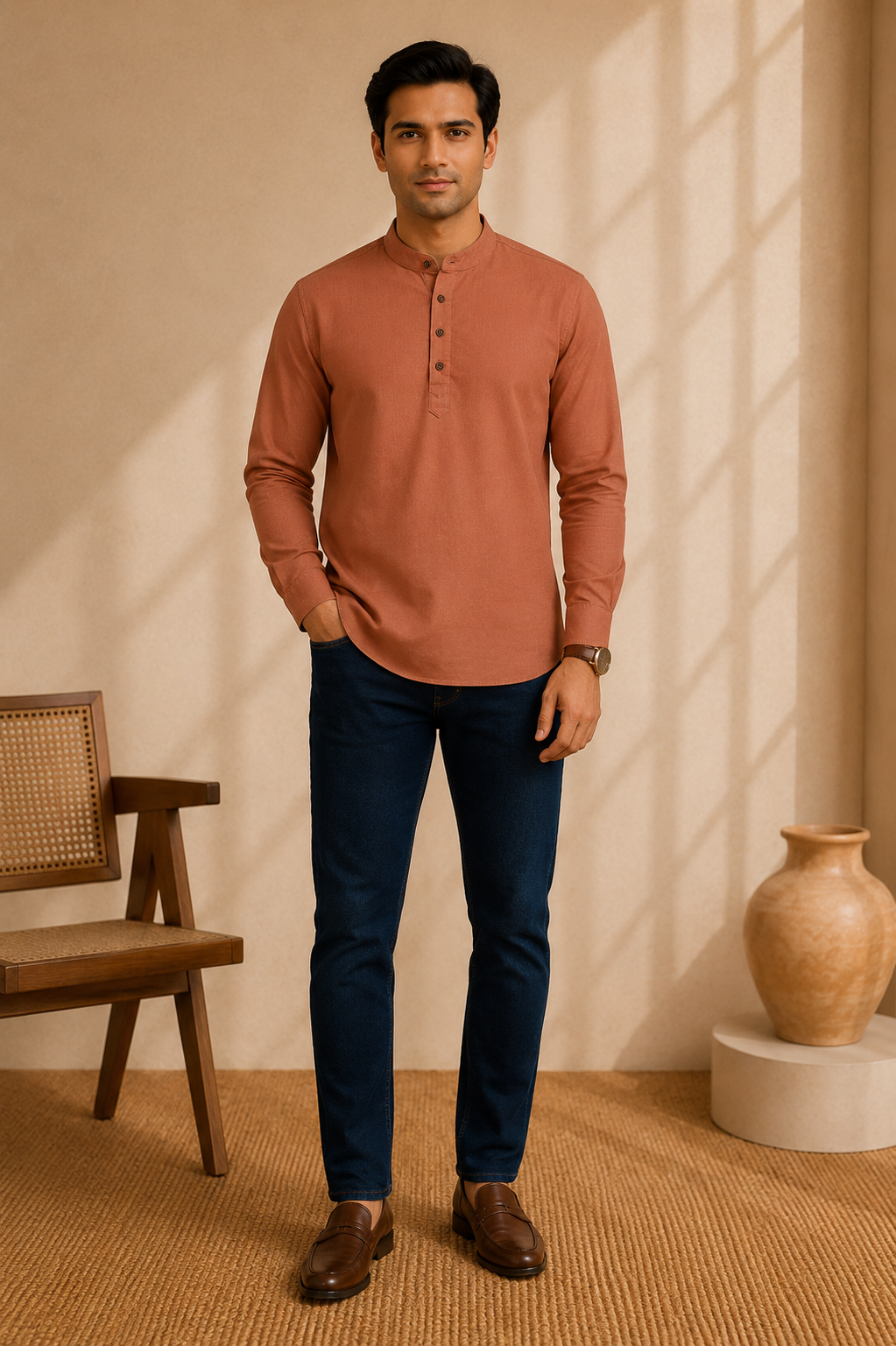 A man wearing a brick red long-sleeve henley shirt, dark blue jeans, and brown leather loafers, standing in a warm, sunlit room with a wooden chair and a ceramic vase.