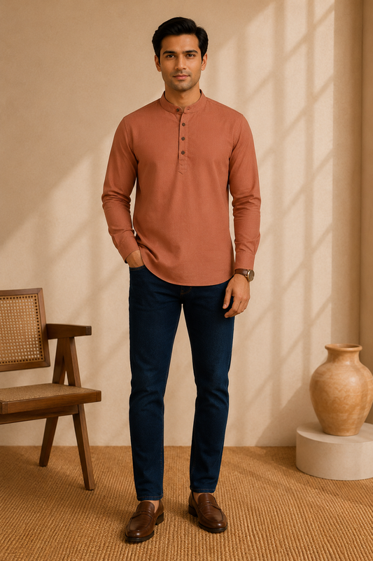A man wearing a brick red long-sleeve henley shirt, dark blue jeans, and brown leather loafers, standing in a warm, sunlit room with a wooden chair and a ceramic vase.
