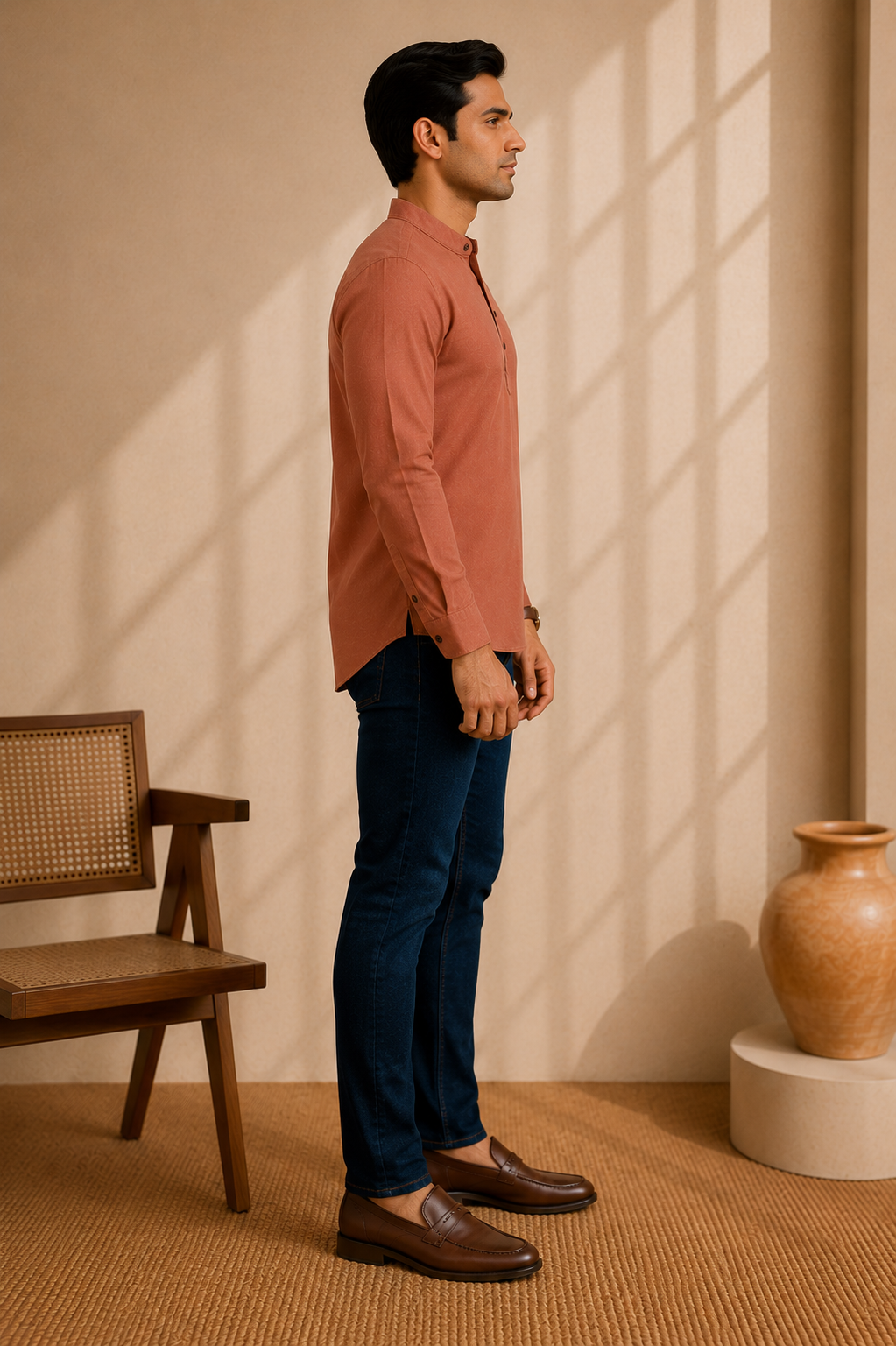 A man in a side profile wearing a brick red long-sleeve shirt, dark blue jeans, and brown leather loafers, standing in a warm, sunlit room with a wooden chair and a ceramic vase.