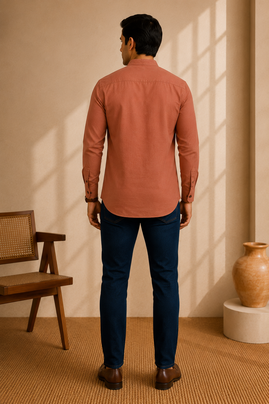 A man viewed from behind wearing a brick red long-sleeve button-up shirt and dark navy trousers, standing in a warm, minimalist room with a wooden chair and a ceramic vase.