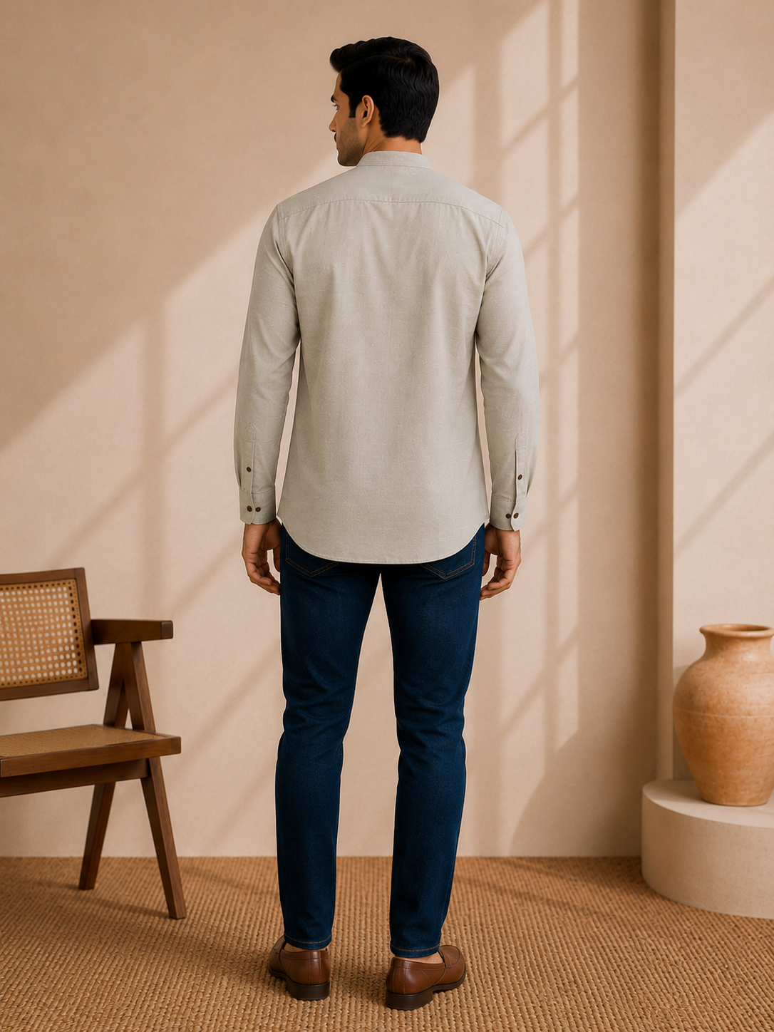 A man viewed from behind wearing a light beige long-sleeve linen shirt, dark blue jeans, and brown leather shoes in a warm, sunlit room with a wooden chair and a ceramic vase.