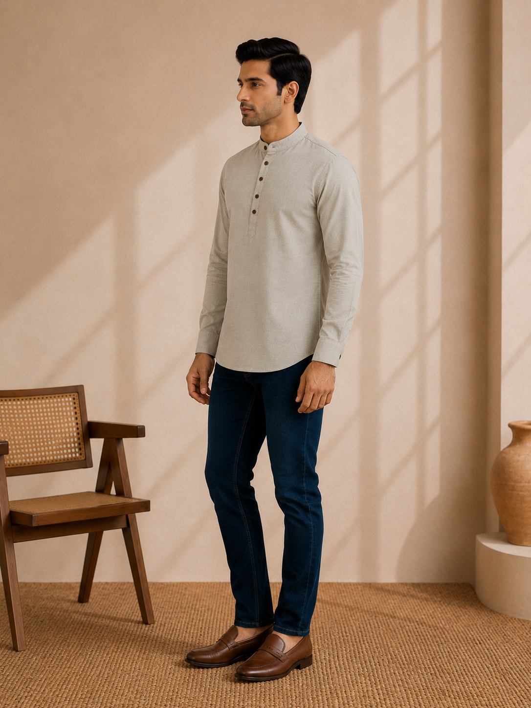 A man wearing a light beige long-sleeve mandarin collar shirt, dark blue jeans, and brown leather shoes, standing in a warm-toned room with a wooden chair and a vase.