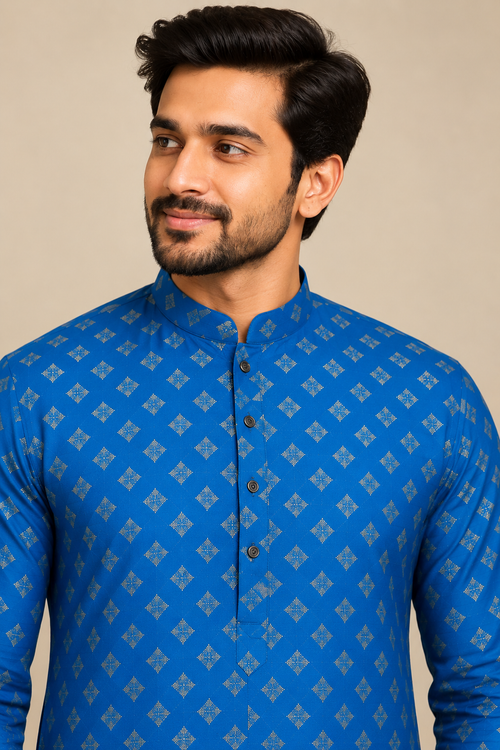 Blue Foil Print Kurta for Men