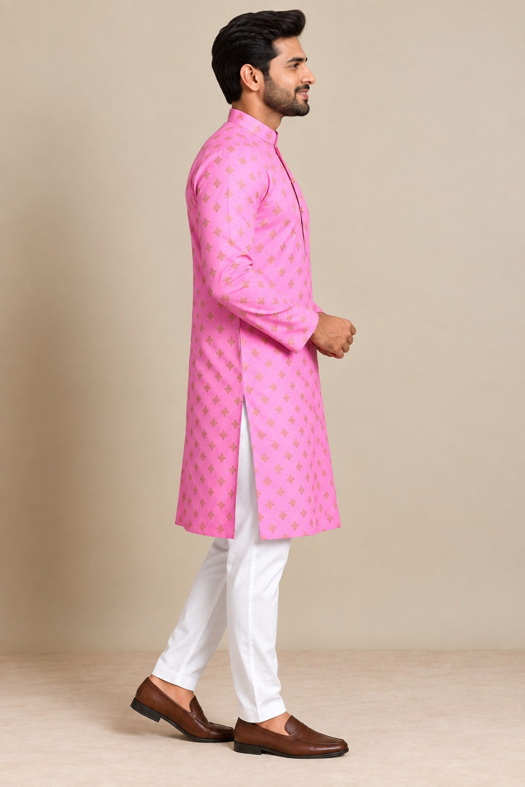 Light Pink Foil Print Kurta for Men
