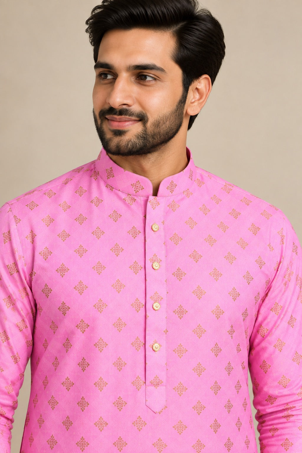 Light Pink Foil Print Kurta for Men