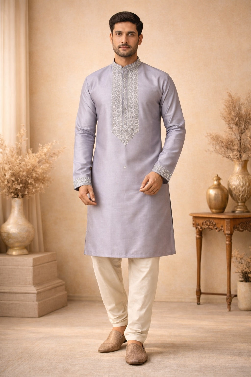 Embroidery Lachka Fabric Kurta for Men